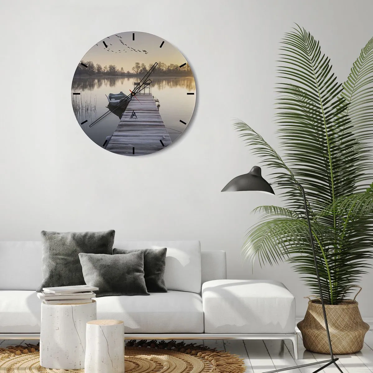 Ceas de perete - Ceas pe sticlă - Un dig cu o barcă la răsăritul soarelui pe lac - 30x30cm - O să mă întorc în curând - Decorațiune modernă pentru perete pentru living, bucătărie și dormitor ARTTOR