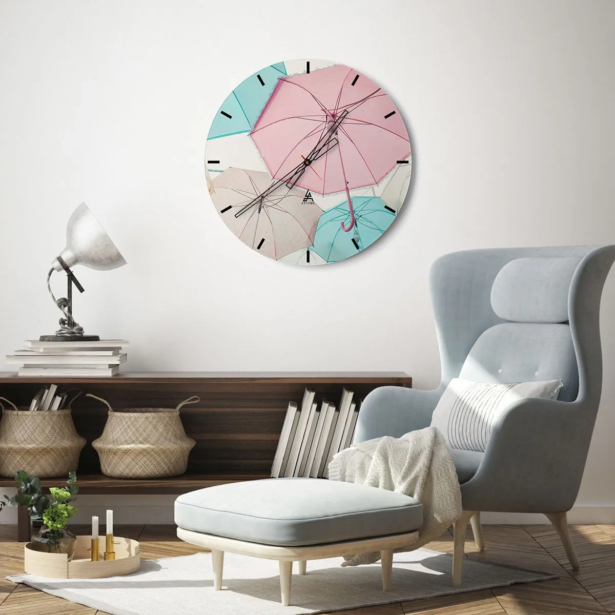 Ceas de perete - Ceas pe sticlă - Umbrele în culori pastelate - 30x30cm - Uneori soare, alteori ploaie - Decorațiune modernă pentru perete pentru living, bucătărie și dormitor ARTTOR