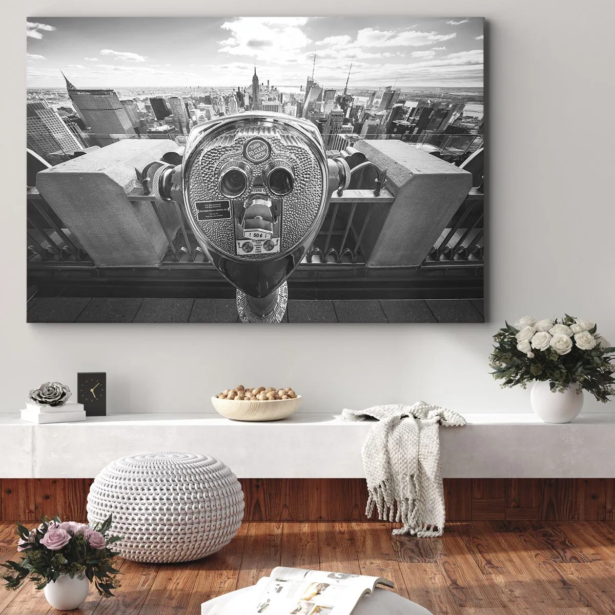 Tablou pe pânză Canvas - Vedere monocromă prin telescop a panoramei orașului - 70x50cm - Orașul de deasupra orașelor - Decorațiune modernă pentru perete pentru living și dormitor ARTTOR