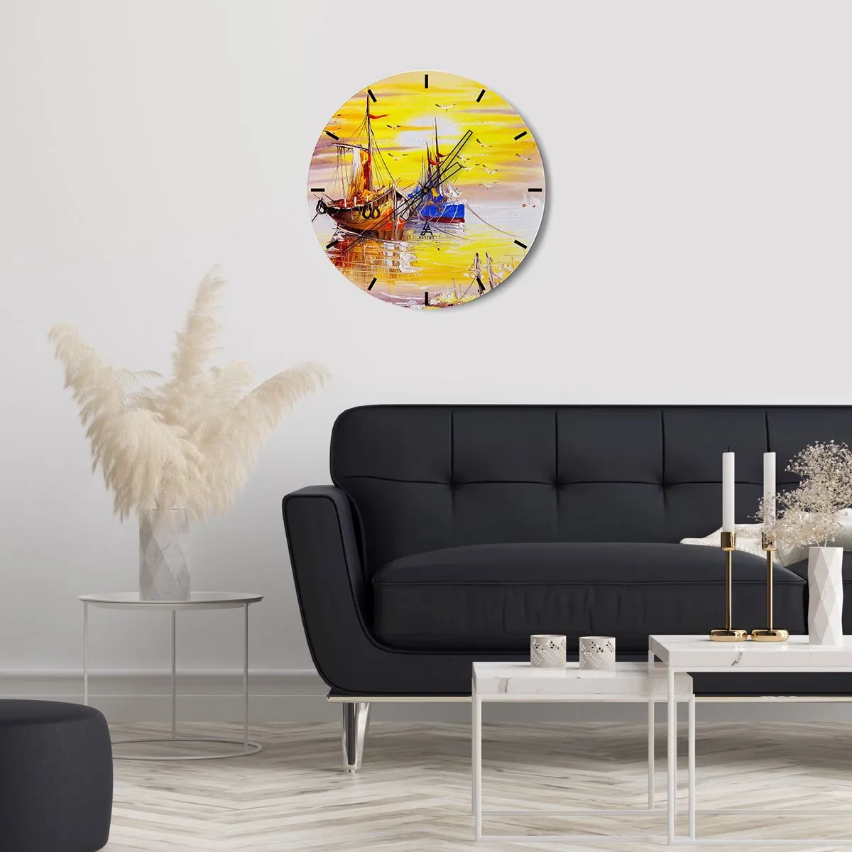 Ceas de perete - Ceas pe sticlă - Bărci cu pânze pitorești la apus - 30x30cm - O binemeritată odihnă în port - Decorațiune modernă pentru perete pentru living, bucătărie și dormitor ARTTOR