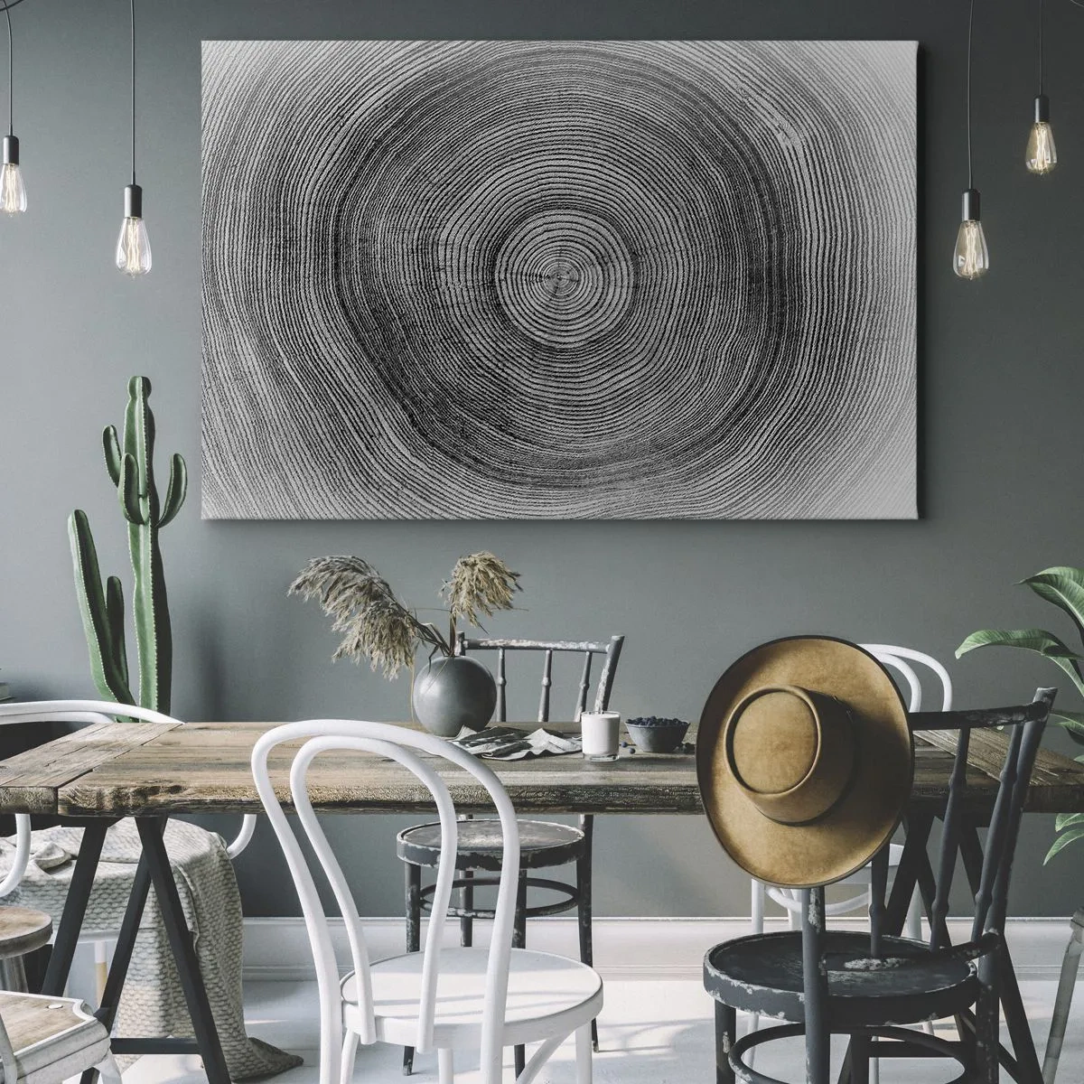 Tablou pe pânză Canvas - Model de inele de copac alb-negru care arată o secțiune transversală a trunchiului - 70x50cm - Un semn al vremurilor - Decorațiune modernă pentru perete pentru living și dormitor ARTTOR