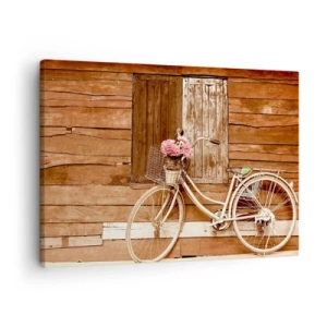 Tablou pe pânză Canvas - O bicicletă cu un coș plin de trandafiri pe un perete de lemn - 70x50cm - Mă întorc imediat - Decorațiune modernă pentru perete pentru living și dormitor ARTTOR