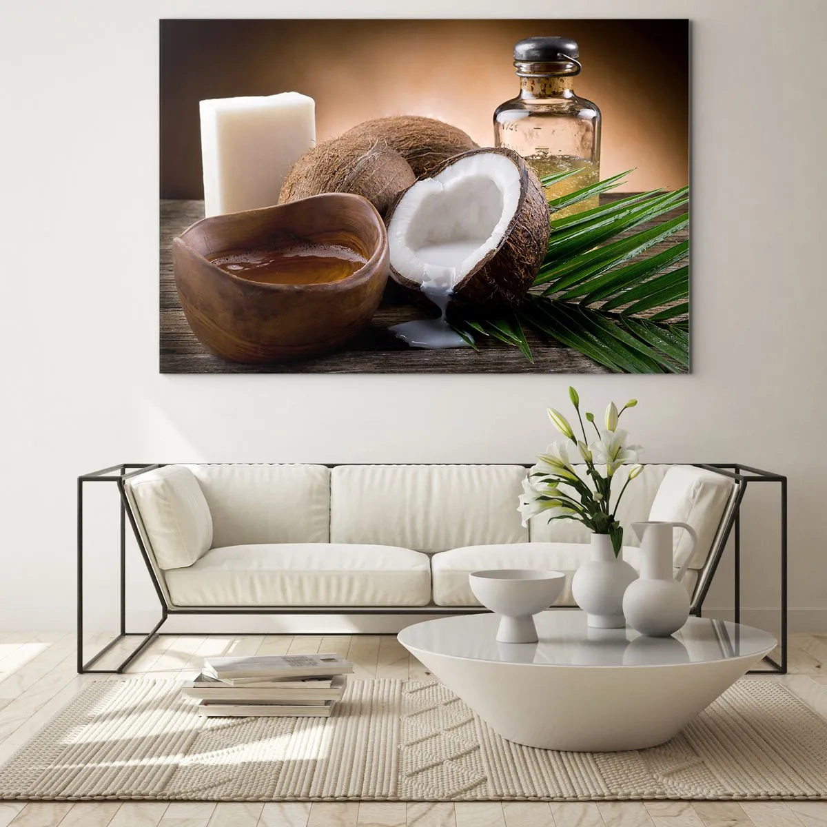 Tablou pe sticlă - Ingrediente naturale cu nucă de cocos și ulei pe un fundal de lemn - 70x50cm - Sănătate din insulele tropicale - Decorațiune modernă pentru perete pentru living și dormitor ARTTOR