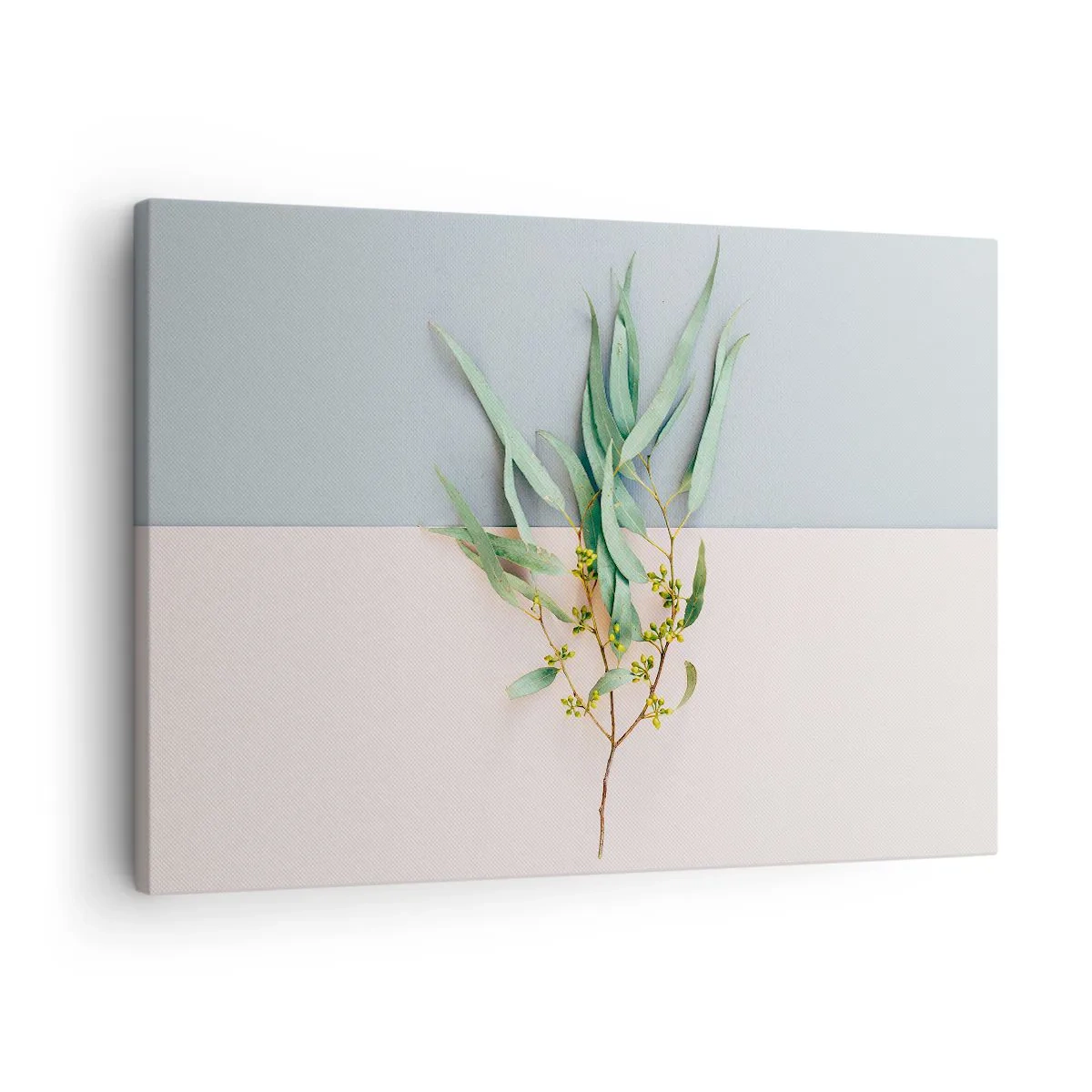 Tablou pe pânză Canvas - O ramură cu frunze pe un fundal de nuanțe pastelate - 70x50cm - Subtilitate pastelată - Decorațiune modernă pentru perete pentru living și dormitor ARTTOR