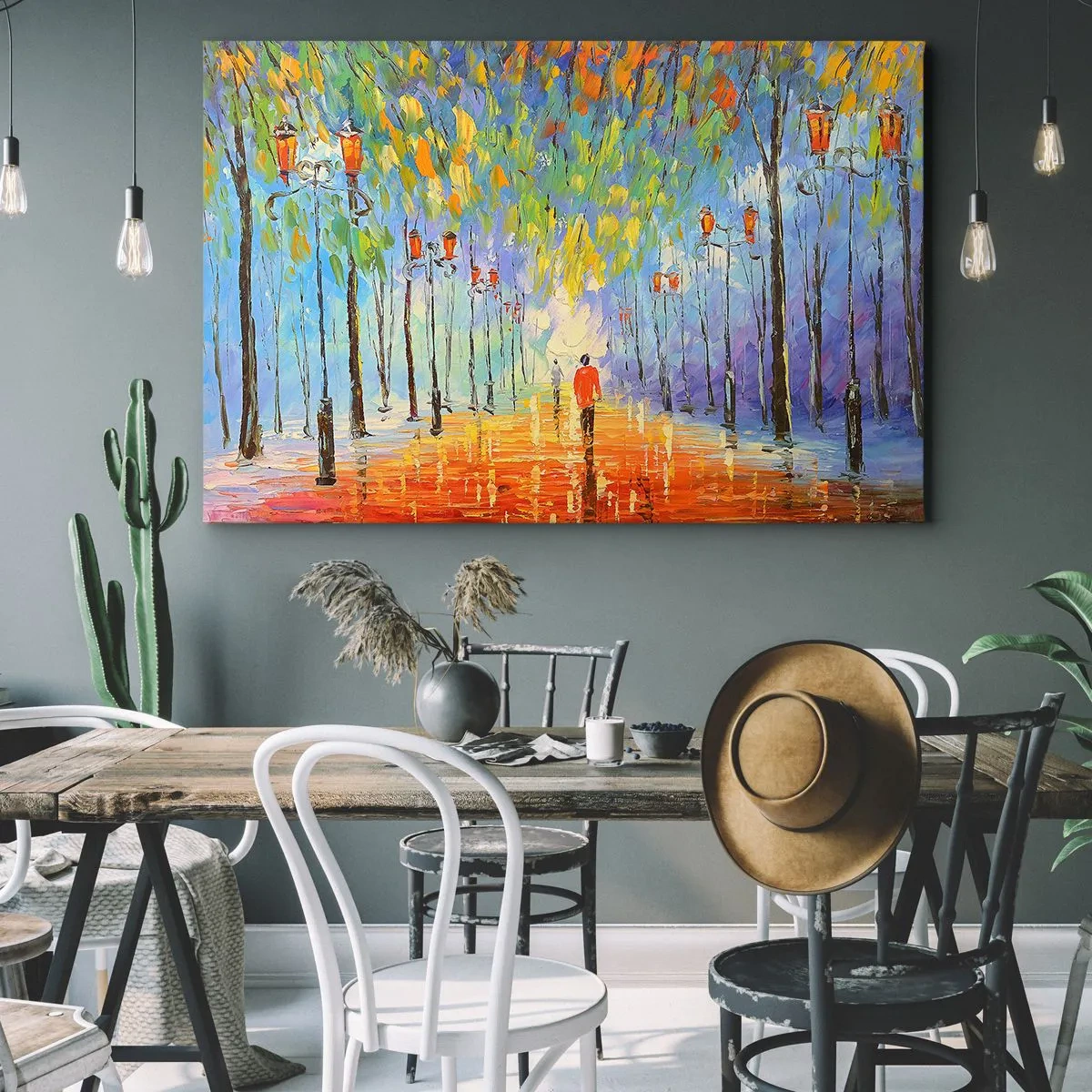 Tablou pe pânză Canvas - O plimbare pitorească printre felinare într-o noapte ploioasă - 70x50cm - Cântecul de noapte al ploii - Decorațiune modernă pentru perete pentru living și dormitor ARTTOR