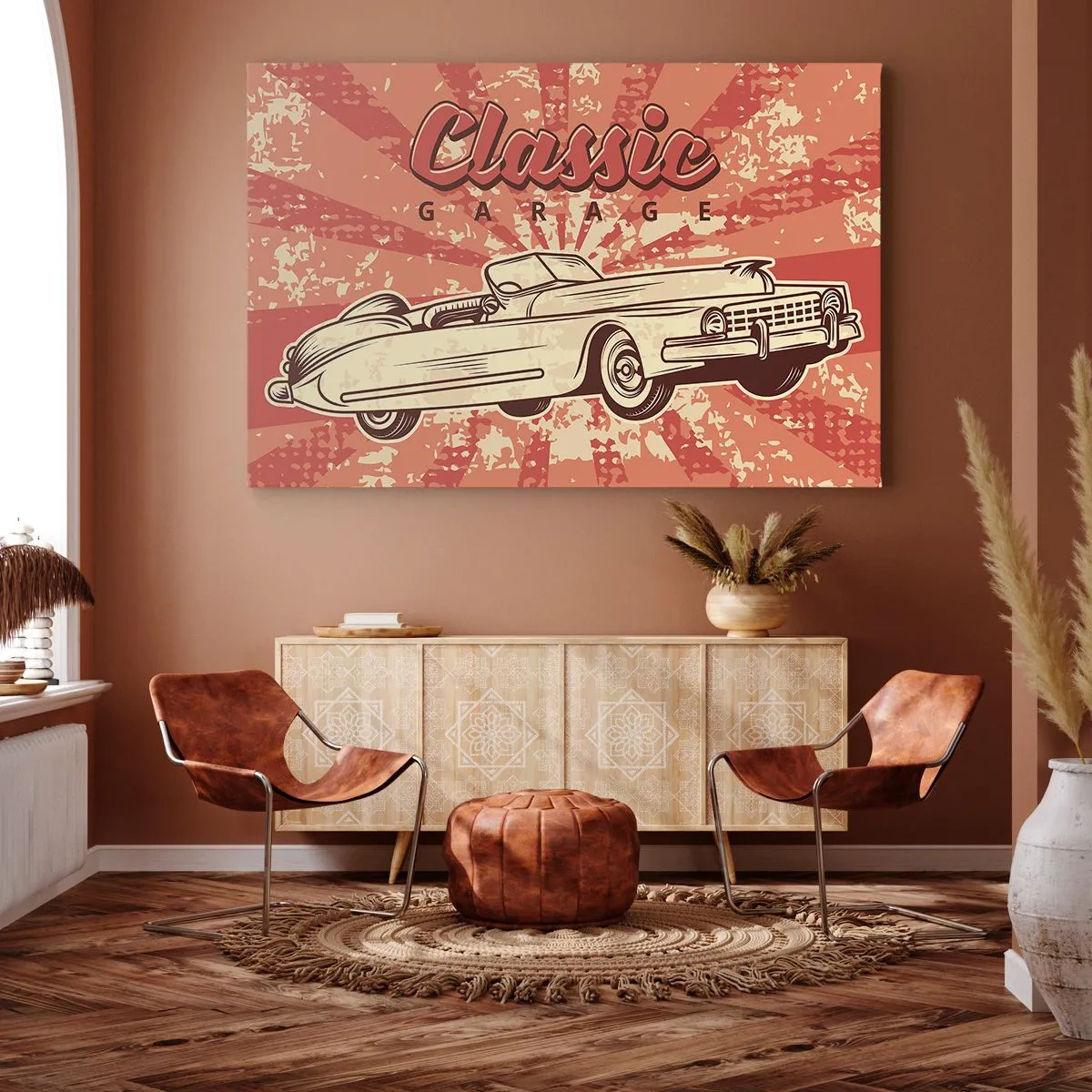 Tablou pe pânză Canvas - Poster retro cu o mașină clasică și cuvintele Classic Garage - 70x50cm - Și la radio Elvis - Decorațiune modernă pentru perete pentru living și dormitor ARTTOR