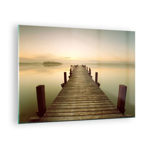 Tablou pe sticlă - Un debarcader de lemn pe un lac liniștit în zori - 70x50cm - Înainte de răsărit, zori, lumină - Decorațiune modernă pentru perete pentru living și dormitor ARTTOR