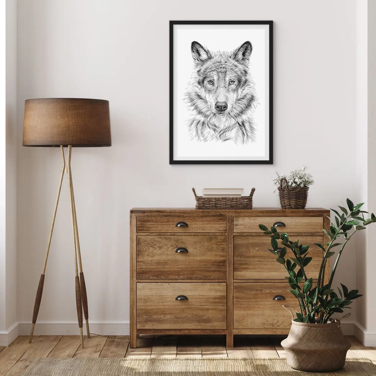Poster în ramă neagră - Desen detaliat al unui lup în stil alb-negru - 50x70cm - Un lider înnăscut - Decorațiune modernă pentru perete pentru living și dormitor ARTTOR