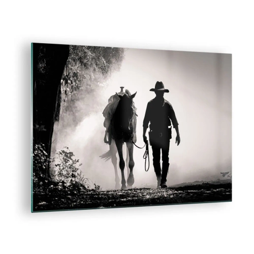 Tablou pe sticlă - Silueta unui cowboy care conduce un cal printr-un peisaj cețos - 70x50cm - Texas de dimineața - Decorațiune modernă pentru perete pentru living și dormitor ARTTOR