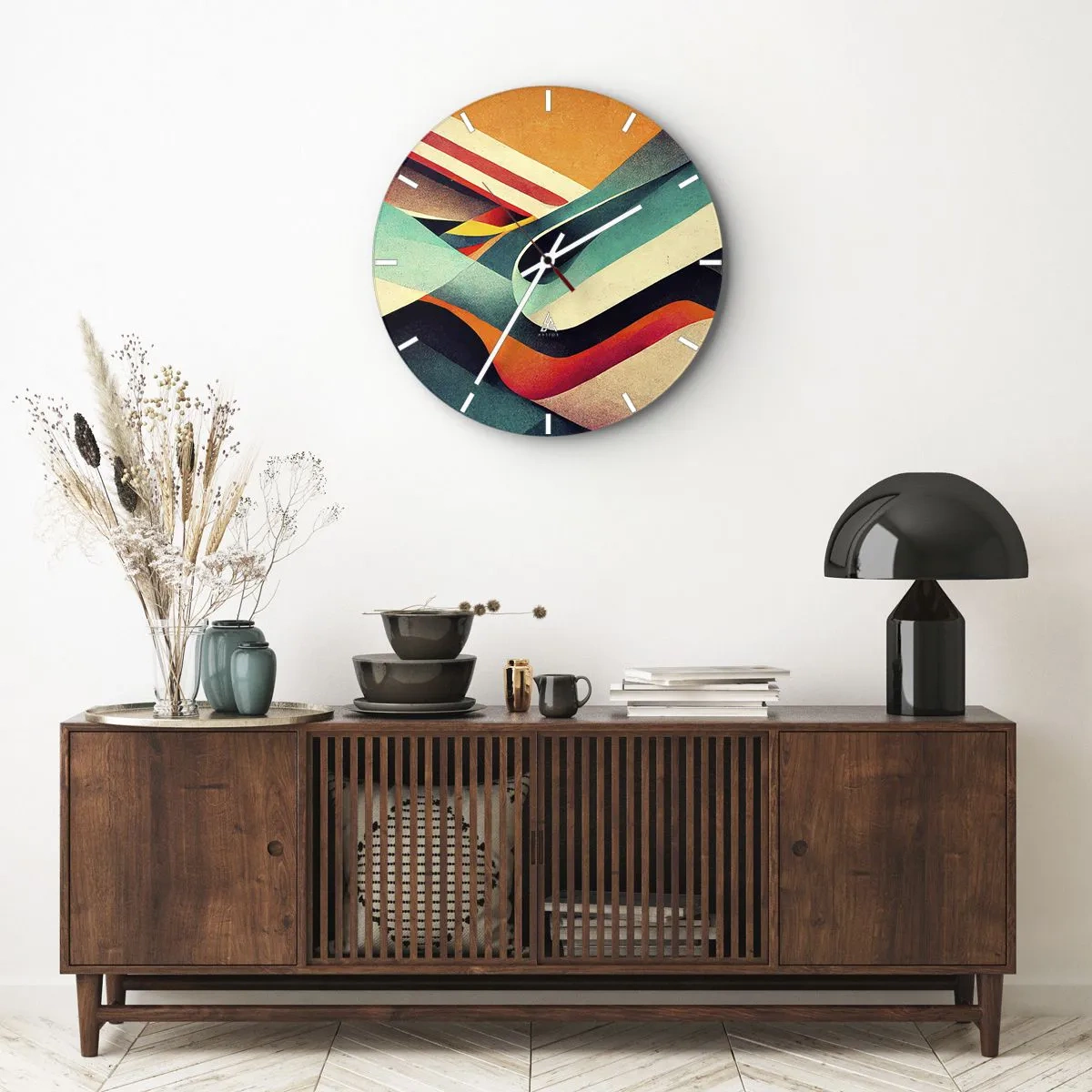 Ceas de perete - Ceas pe sticlă - Valuri și dungi colorate într-o formă geometrică abstractă - 30x30cm - Compoziție intensă - Decorațiune modernă pentru perete pentru living, bucătărie și dormitor ARTTOR