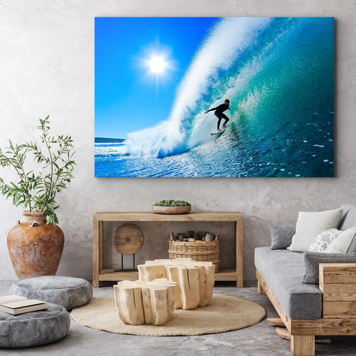 Tablou pe pânză Canvas - Un surfer pe o placă se plimbă în interiorul unui val puternic sub un cer albastru. - 70x50cm - Prin marele albastru - Decorațiune modernă pentru perete pentru living și dormitor ARTTOR