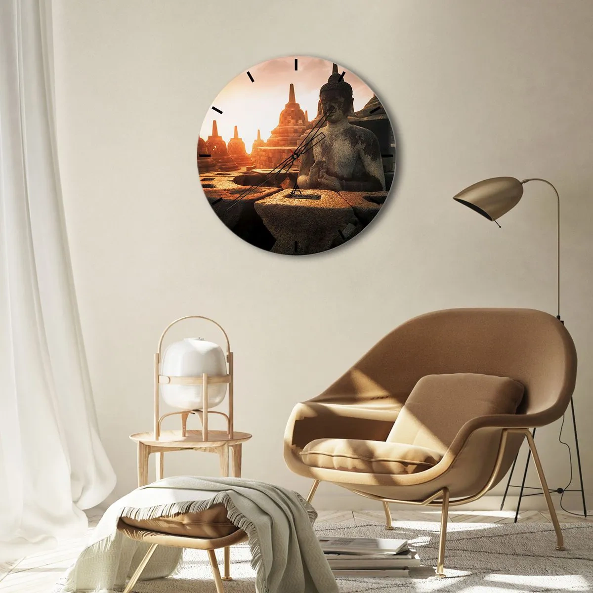 Ceas de perete - Ceas pe sticlă - Apus de soare peste statuile lui Buddha înconjurate de temple - 30x30cm - Vreme de mare înțelepciune - Decorațiune modernă pentru perete pentru living, bucătărie și dormitor ARTTOR
