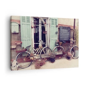 Tablou pe pânză Canvas - Biciclete vintage în fața unei uși de lemn cu obloane pastelate - 70x50cm - Trăiască provincia! - Decorațiune modernă pentru perete pentru living și dormitor ARTTOR