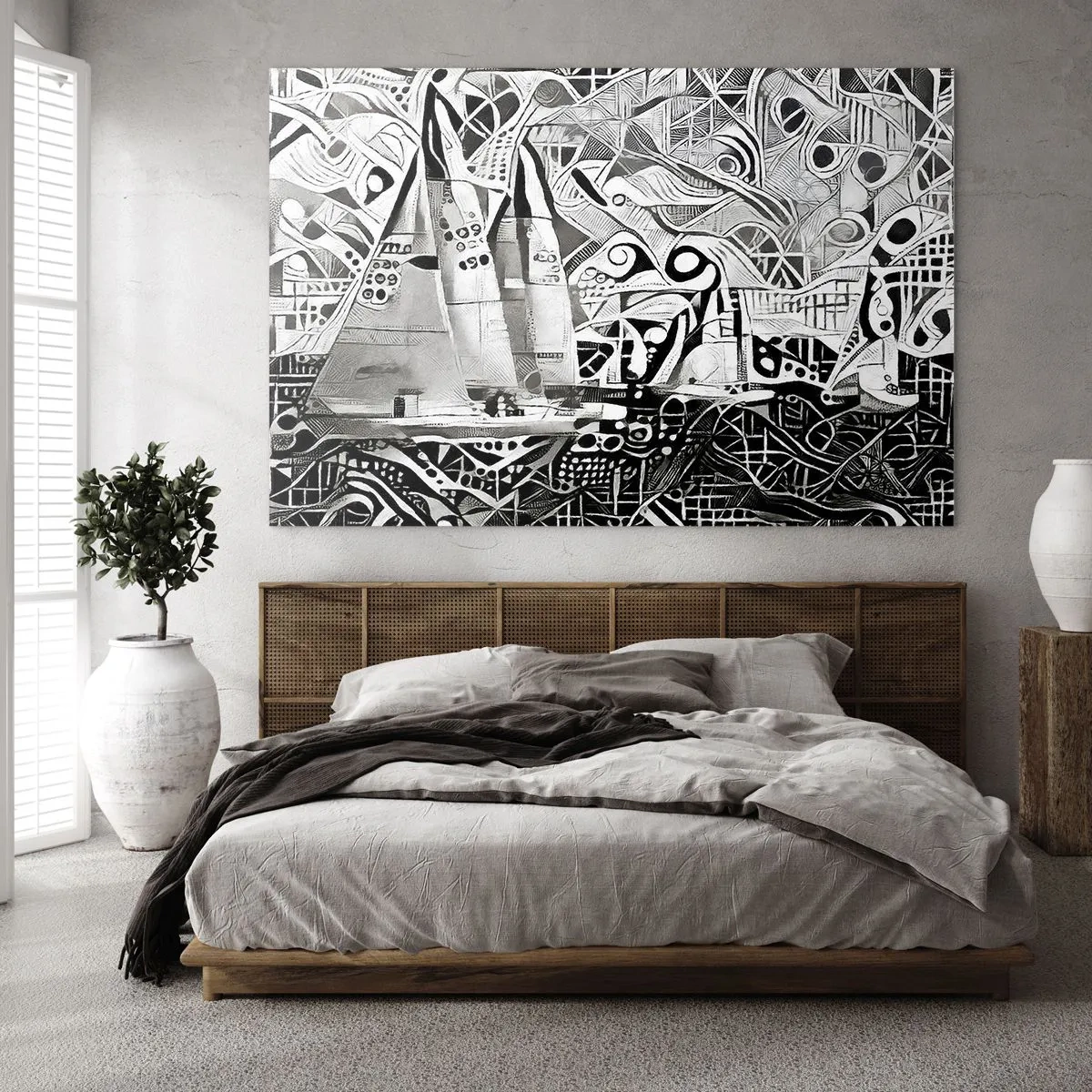 Tablou pe sticlă - Abstracție alb-negru cu bărci cu pânze și modele geometrice - 70x50cm - Între valuri - Decorațiune modernă pentru perete pentru living și dormitor ARTTOR