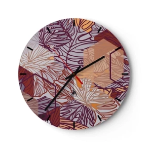 Ceas de perete - Ceas pe sticlă - Frunze abstracte în nuanțe de violet, portocaliu și bej - 30x30cm - Relația imposibilă dintre geometrie și natură - Decorațiune modernă pentru perete pentru living, bucătărie și dormitor ARTTOR