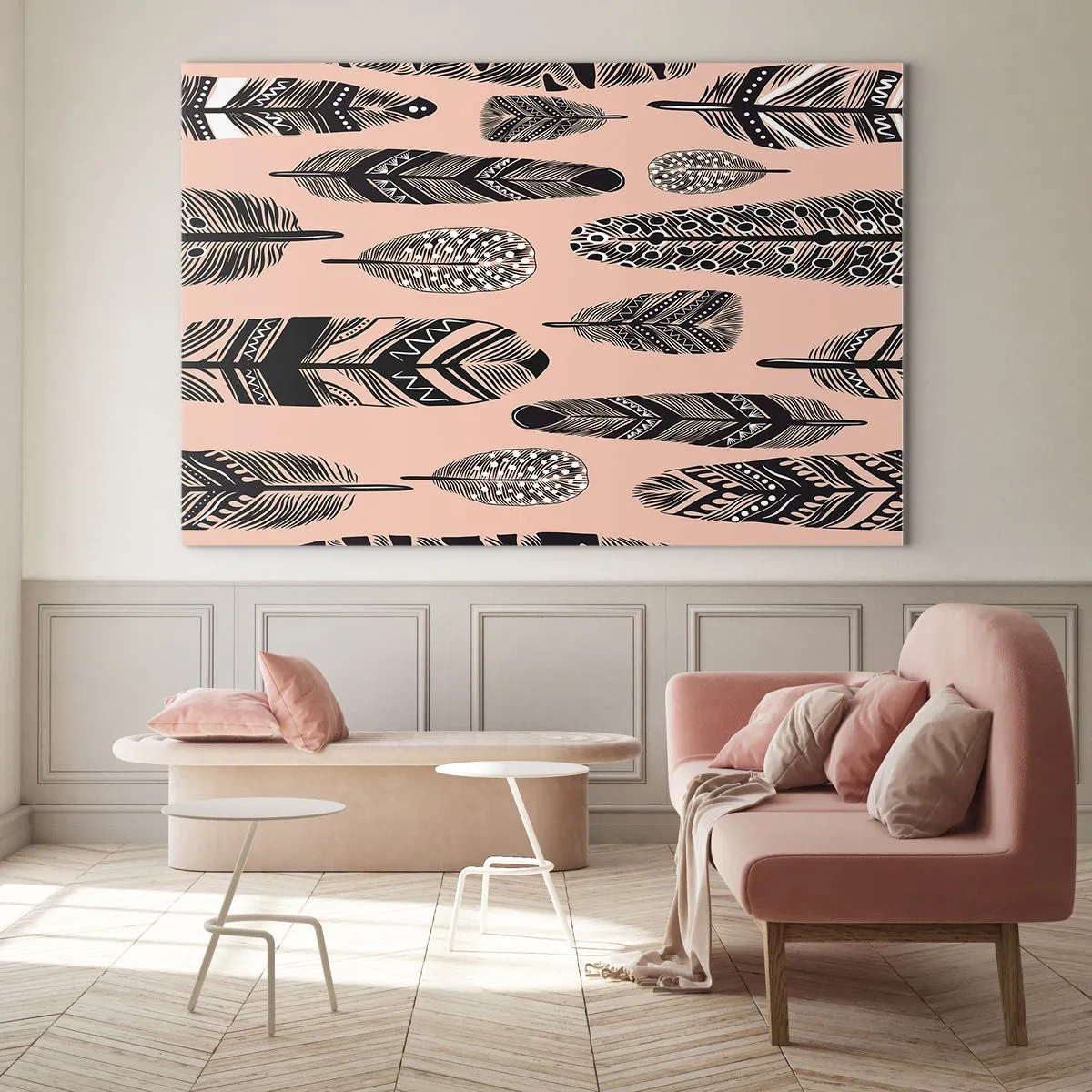 Tablou pe sticlă - Pene decorative cu modele alb-negru pe fundal roz - 70x50cm - Colecție indiană - Decorațiune modernă pentru perete pentru living și dormitor ARTTOR