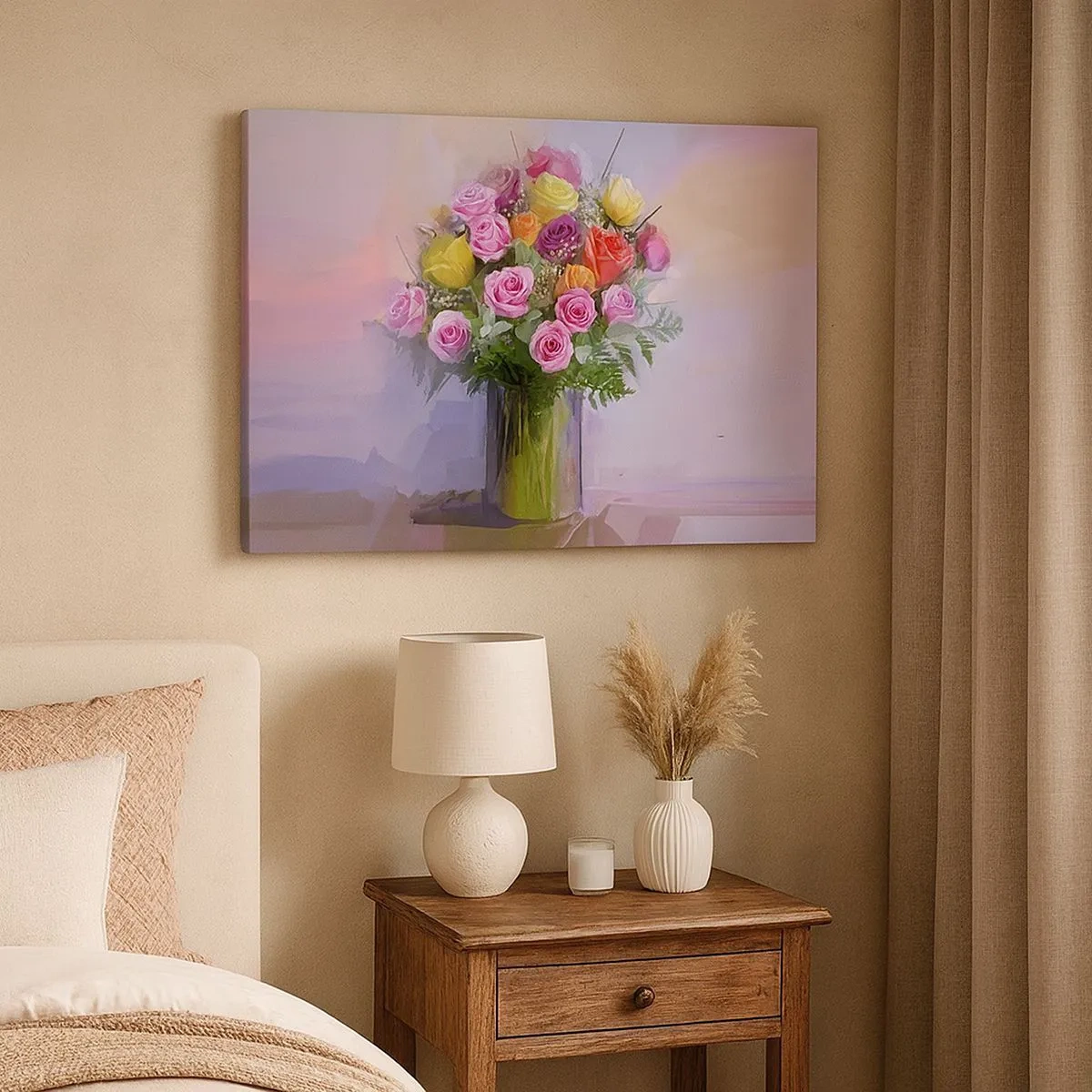 Tablou pe pânză Canvas - Un buchet de trandafiri colorați într-o vază de sticlă - 70x50cm - Frumusețe reținută - Decorațiune modernă pentru perete pentru living și dormitor ARTTOR