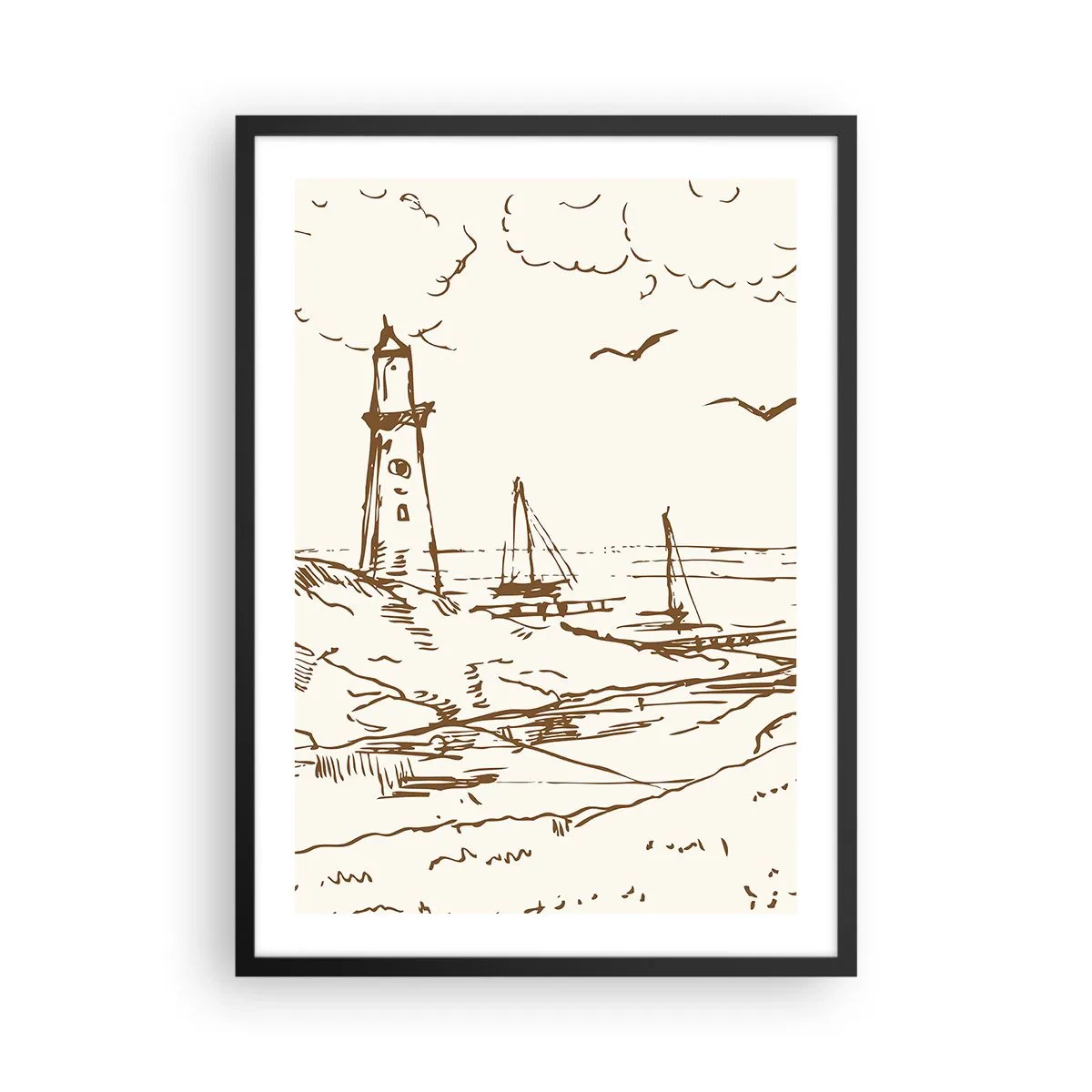 Poster în ramă neagră - Far cu bărci și păsări - 50x70cm - Schiță de amintiri de vară - Decorațiune modernă pentru perete pentru living și dormitor ARTTOR