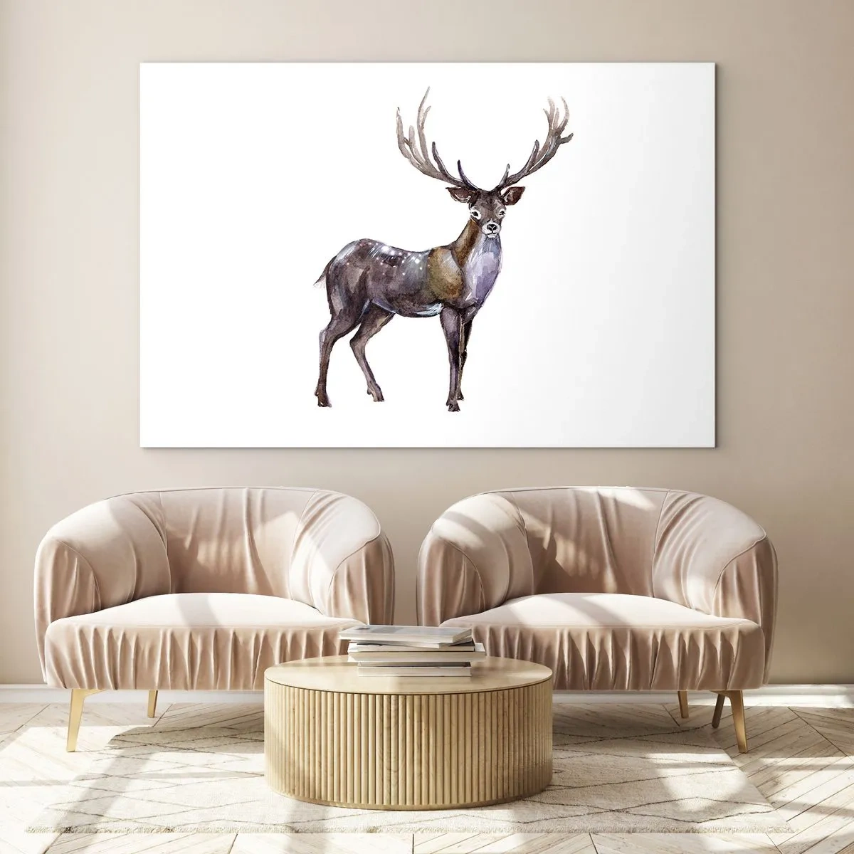 Tablou pe sticlă - Cerb elegant în acuarelă - 70x50cm - Regele pustietății nordice - Decorațiune modernă pentru perete pentru living și dormitor ARTTOR