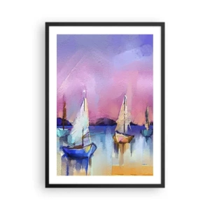 Poster în ramă neagră - Barci cu pânze abstracte pe un fundal colorat - 50x70cm - Direcția: ape largi - Decorațiune modernă pentru perete pentru living și dormitor ARTTOR