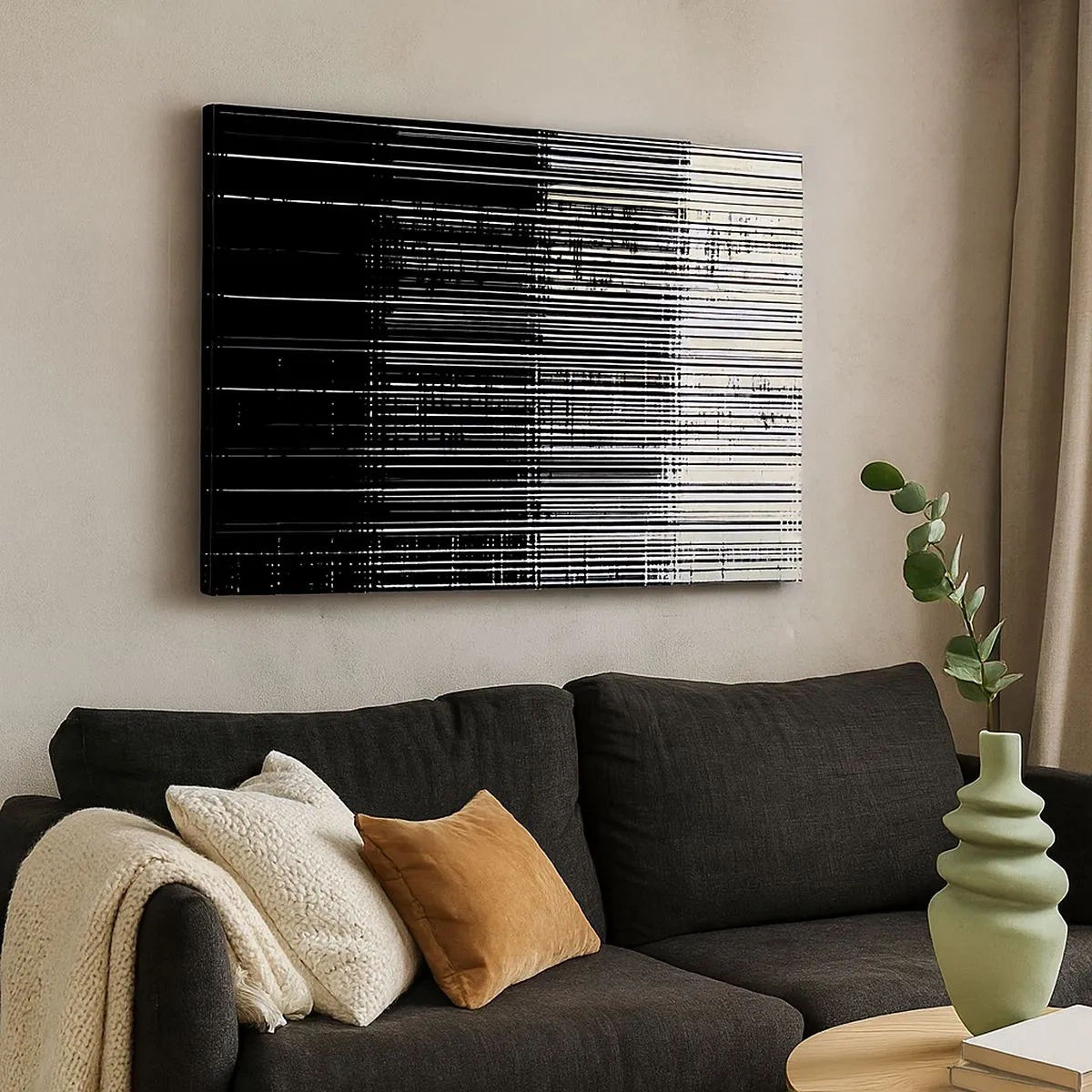 Tablou pe pânză Canvas - Compoziție abstractă de linii în contrast alb-negru - 70x50cm - Valuri și vibrații - Decorațiune modernă pentru perete pentru living și dormitor ARTTOR
