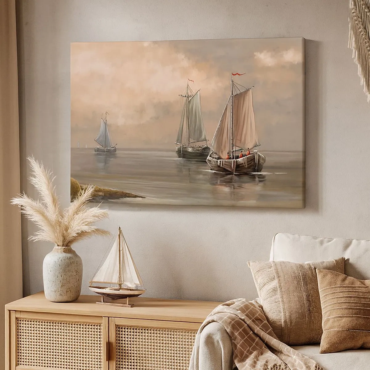 Tablou pe pânză Canvas - Bărci cu pânze pe o mare calmă într-un decor pastelat - 70x50cm - Întoarcerea marinarilor - Decorațiune modernă pentru perete pentru living și dormitor ARTTOR