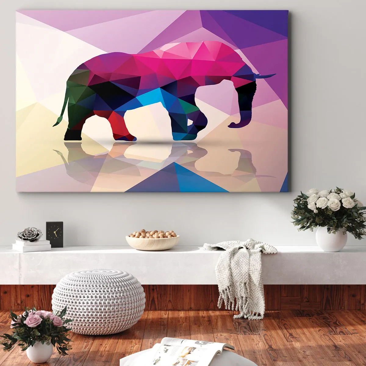 Tablou pe pânză Canvas - Siluetă geometrică a unui elefant în culori vii - 70x50cm - Dinozaur de cristal - Decorațiune modernă pentru perete pentru living și dormitor ARTTOR