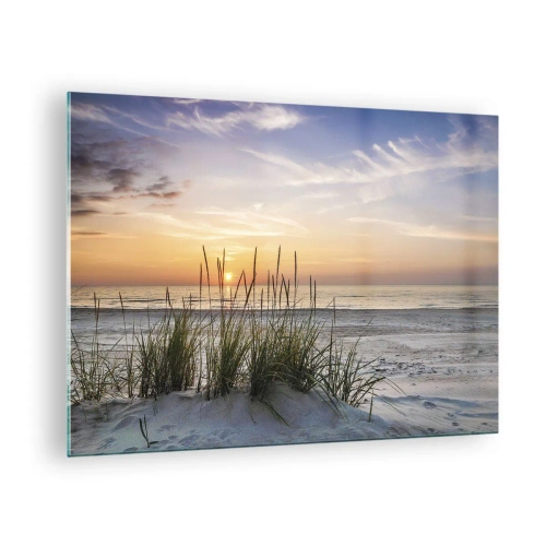 Tablou pe sticlă - Apus de soare peste o plajă cu iarbă - 70x50cm - Privește, gândește, simte - Decorațiune modernă pentru perete pentru living și dormitor ARTTOR