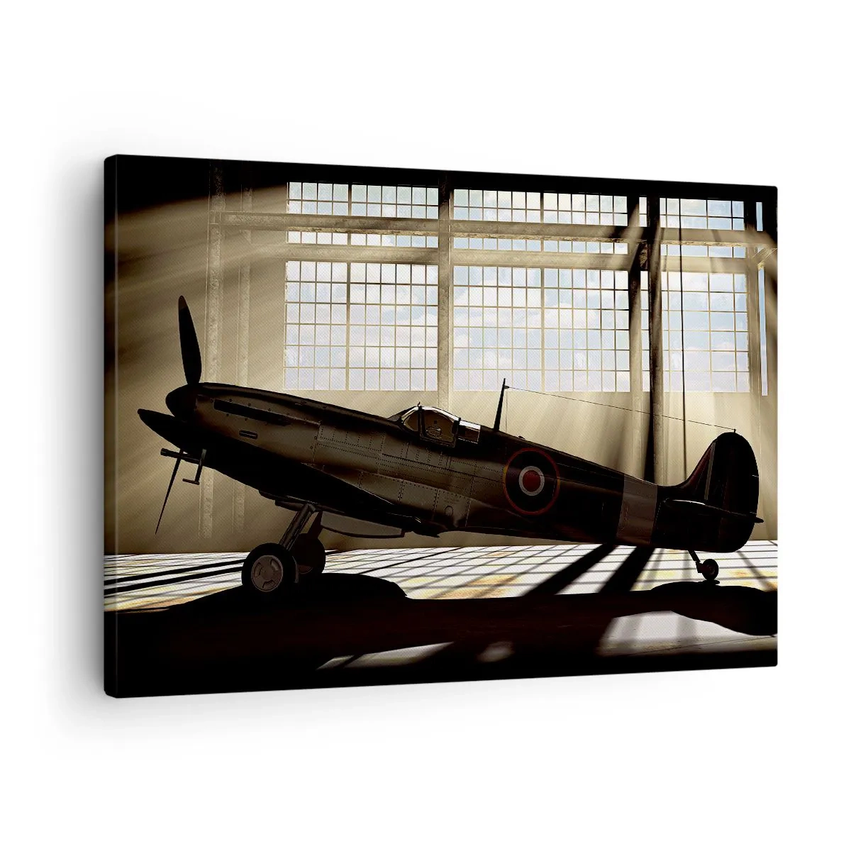 Tablou pe pânză Canvas - Un avion istoric într-un hangar luminat de lumina soarelui - 70x50cm - Odihna războinicului - Decorațiune modernă pentru perete pentru living și dormitor ARTTOR