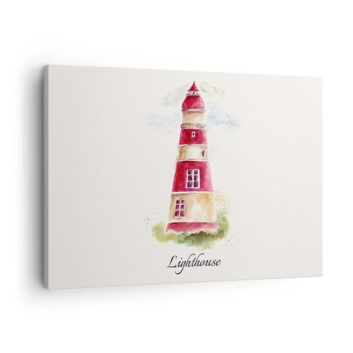 Tablou pe pânză Canvas - O pictură în acuarelă a unui far pe un fundal deschis cu o inscripție - 70x50cm - Întotdeauna vreme bună - Decorațiune modernă pentru perete pentru living și dormitor ARTTOR