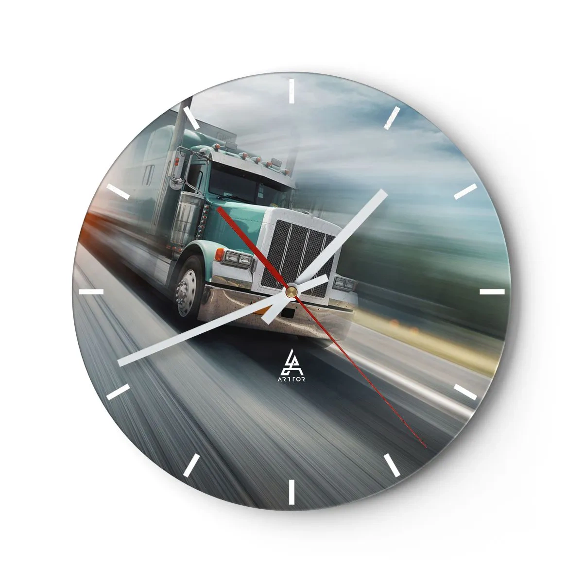 Ceas de perete - Ceas pe sticlă - Un camion cu viteză mare pe șosea - 30x30cm - Gigant american în mișcare - Decorațiune modernă pentru perete pentru living, bucătărie și dormitor ARTTOR