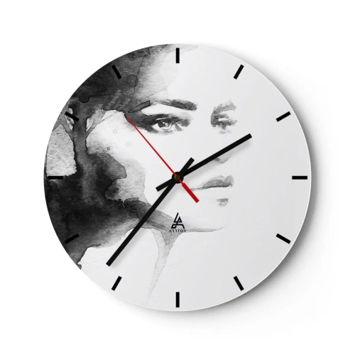 Ceas de perete - Ceas pe sticlă - Portret de femeie în acuarelă alb-negru - 30x30cm - Creată de secrete și ceață - Decorațiune modernă pentru perete pentru living, bucătărie și dormitor ARTTOR