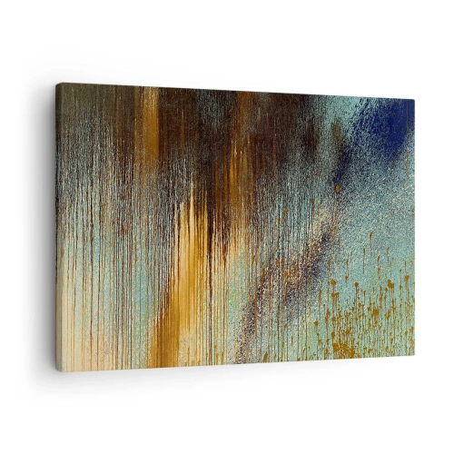 Tablou pe pânză Canvas - O compoziție abstractă de culori în nuanțe de auriu, maro și albastru. - 70x50cm - O compoziție cromatică neaccidentală - Decorațiune modernă pentru perete pentru living și dormitor ARTTOR