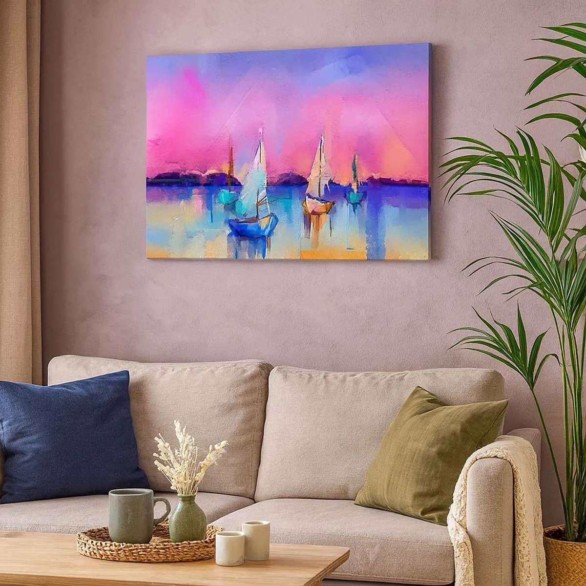 Tablou pe pânză Canvas - Bărci cu pânze pe o mare calmă în culorile pastelate ale apusului - 70x50cm - Direcția: ape largi - Decorațiune modernă pentru perete pentru living și dormitor ARTTOR