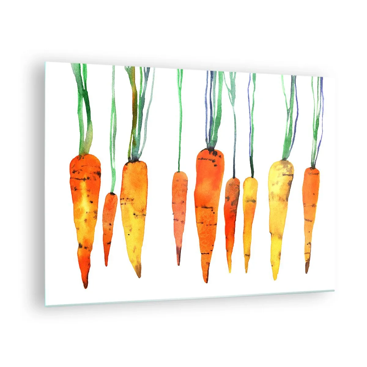 Tablou pe sticlă - Morcovi în acuarelă în diferite nuanțe de portocaliu cu tulpini verzi - 70x50cm - Frumusețea banalității - Decorațiune modernă pentru perete pentru living și dormitor ARTTOR