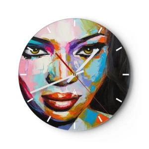 Ceas de perete - Ceas pe sticlă - Un portret colorat al unei femei în culori intense - 30x30cm - Nu-ți poți lua ochii de la - Decorațiune modernă pentru perete pentru living, bucătărie și dormitor ARTTOR