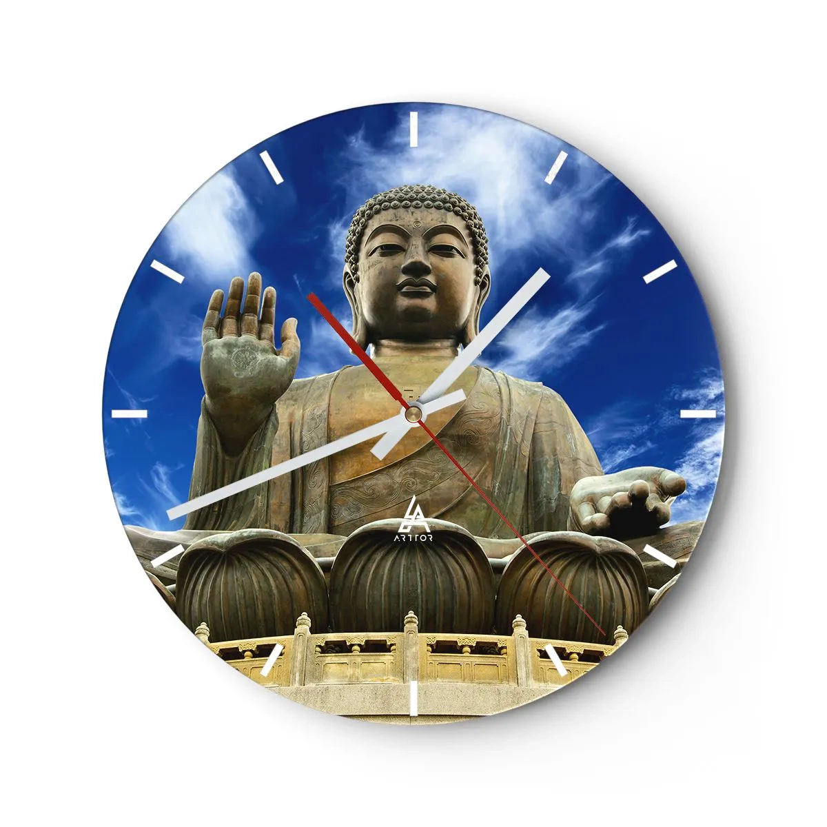 Ceas de perete - Ceas pe sticlă - O statuie monumentală a lui Buddha pe fundalul cerului albastru - 30x30cm - Trăiește fără teamă - Decorațiune modernă pentru perete pentru living, bucătărie și dormitor ARTTOR