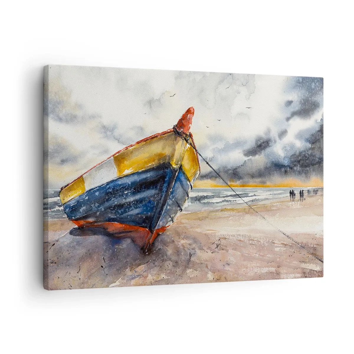 Tablou pe pânză Canvas - O barcă pitorească pe plajă sub un cer înnorat - 70x50cm - Se odihnește pe țărm - Decorațiune modernă pentru perete pentru living și dormitor ARTTOR