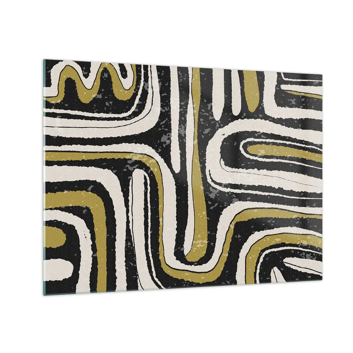 Tablou pe sticlă - Modele abstracte în negru, alb și auriu - 70x50cm - Compoziție: pasaje și alei - Decorațiune modernă pentru perete pentru living și dormitor ARTTOR