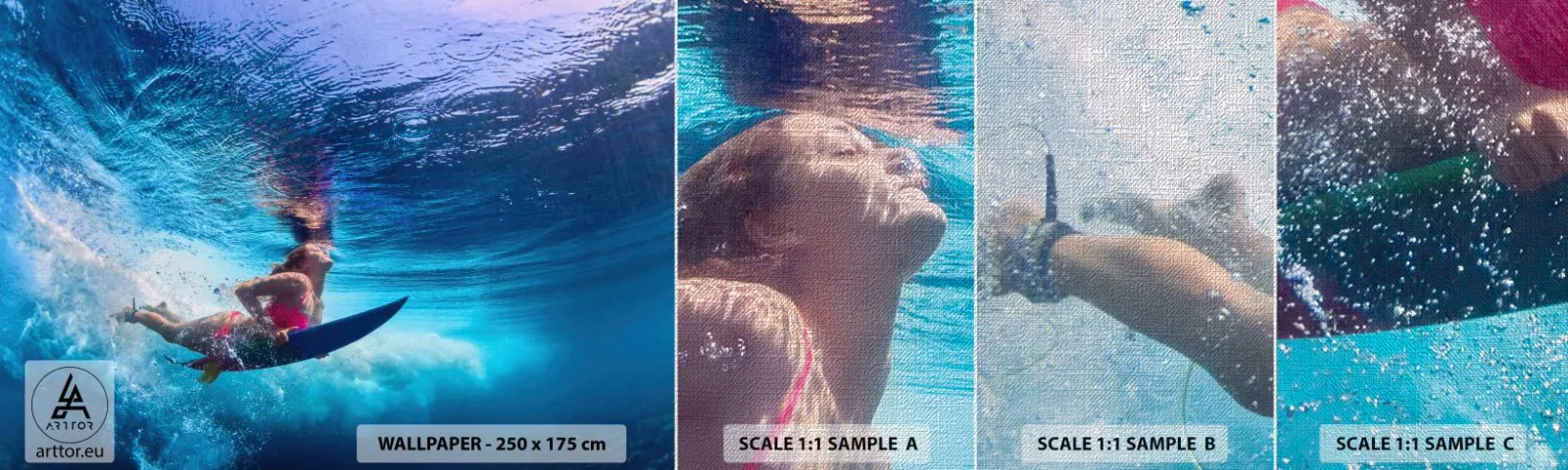 Mostră tapet Premium Canvas - Profunzimea bucuriei - Surfing, Femeie, Sport - 100x30 cm