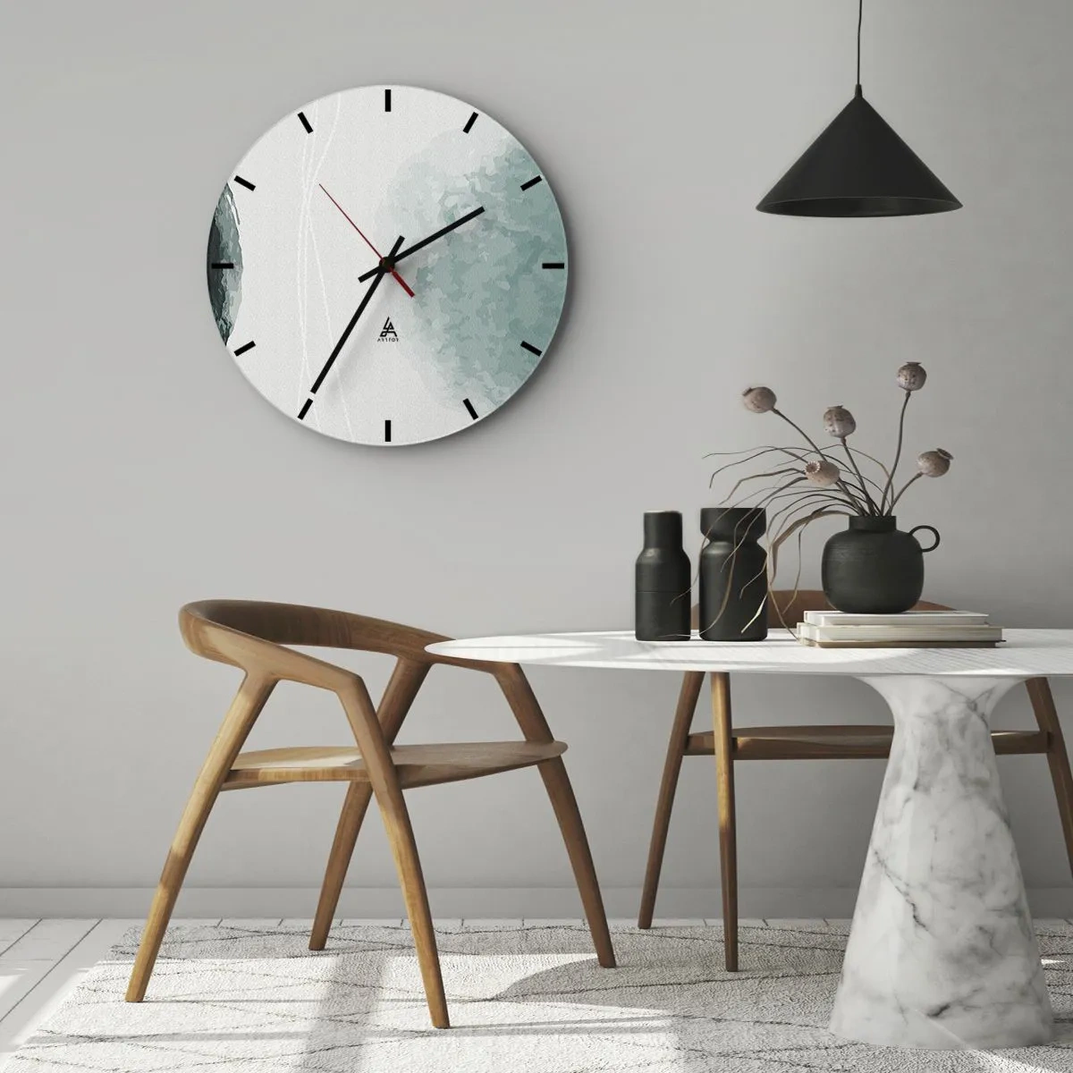 Ceas de perete - Ceas pe sticlă - O abstracție subtilă cu pete verzi pe un fundal deschis - 30x30cm - Întâlnire cu ceața - Decorațiune modernă pentru perete pentru living, bucătărie și dormitor ARTTOR