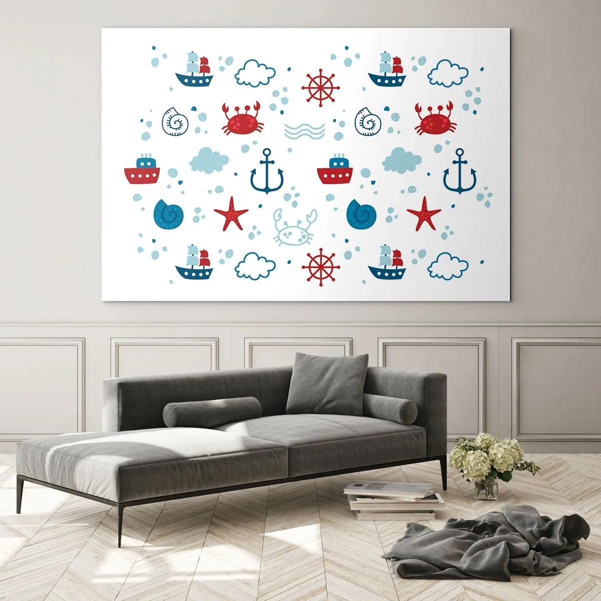 Tablou pe sticlă - Modele nautice cu crabi, ancore și nave - 70x50cm - O poveste maritimă - Decorațiune modernă pentru perete pentru living și dormitor ARTTOR