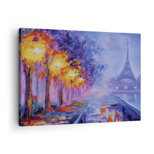 Tablou pe pânză Canvas - O stradă cu felinare în Paris, cu Turnul Eiffel în fundal - 70x50cm - O plimbare de vis - Decorațiune modernă pentru perete pentru living și dormitor ARTTOR