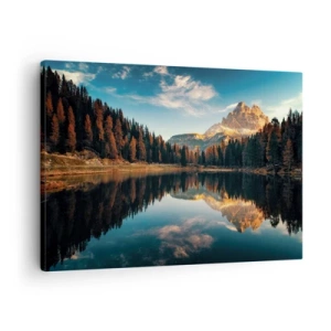 Tablou pe pânză Canvas - Peisaj montan cu lac și pădure - 70x50cm - Peisaj dublat - Decorațiune modernă pentru perete pentru living și dormitor ARTTOR