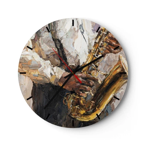 Ceas de perete - Ceas pe sticlă - O pictură artistică care înfățișează un muzician cântând la saxofon - 30x30cm - E timpul pentru a cânta solo - Decorațiune modernă pentru perete pentru living, bucătărie și dormitor ARTTOR
