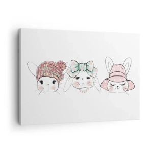 Tablou pe pânză Canvas - Iepurași adorabili în pălării pastelate - 70x50cm - Gânditoare, tristă, mulțumită - Decorațiune modernă pentru perete pentru living și dormitor ARTTOR