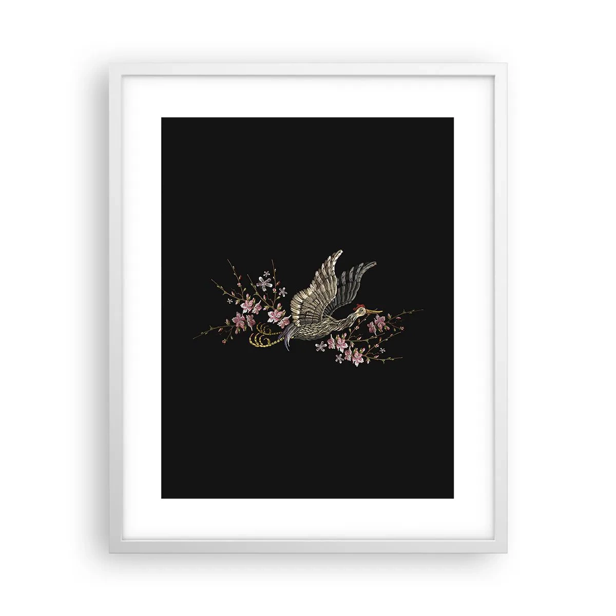 Poster în ramă albă - Pasăre exotică brodată - 40x50 cm