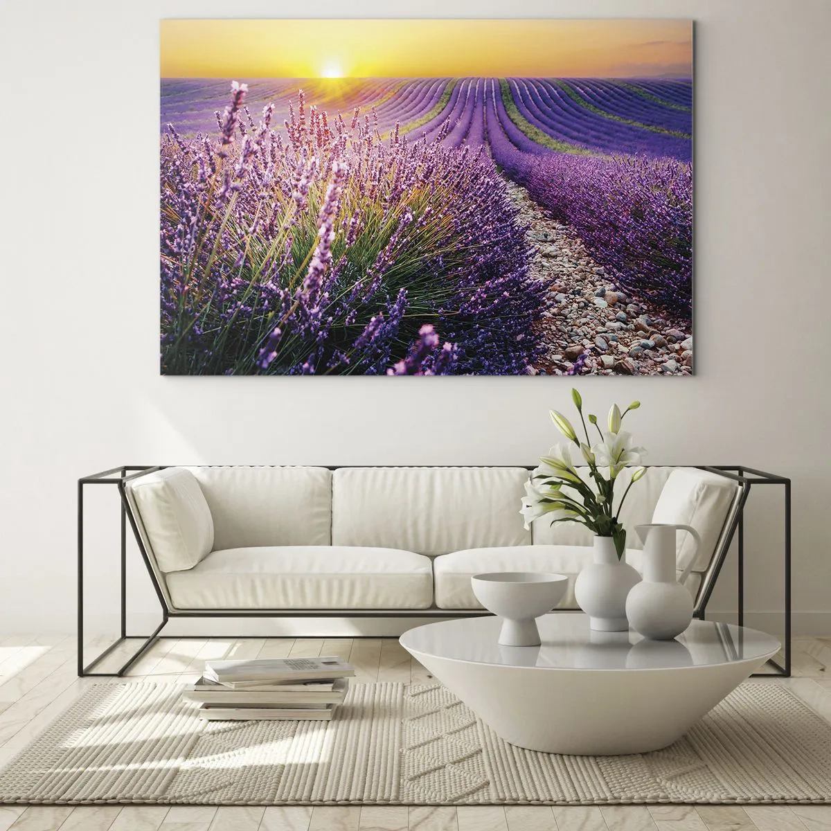 Tablou pe sticlă - Câmp de lavandă la răsărit cu o potecă stâncoasă - 70x50cm - Câmpul parfumat - Decorațiune modernă pentru perete pentru living și dormitor ARTTOR