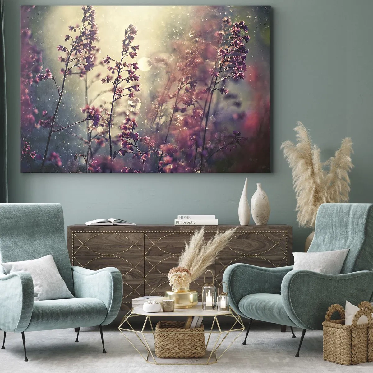 Tablou pe pânză Canvas - Flori în lumina soarelui pe fundalul naturii - 70x50cm - Grădina secretă - Decorațiune modernă pentru perete pentru living și dormitor ARTTOR