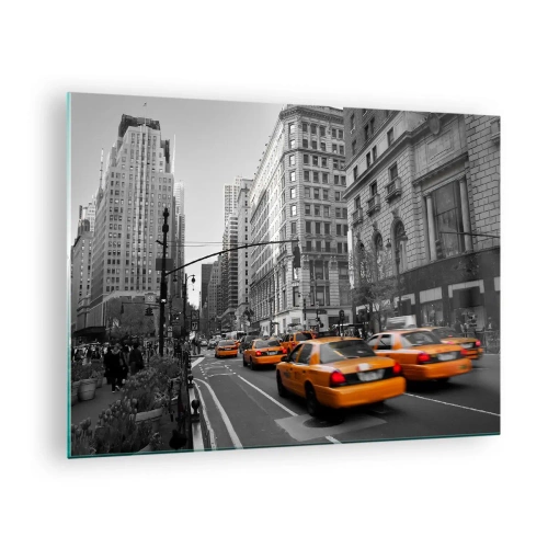 Tablou pe sticlă - Taxiuri galbene pe străzile orașului într-un cadru alb-negru - 70x50cm - Soarele marelui oraș - Decorațiune modernă pentru perete pentru living și dormitor ARTTOR